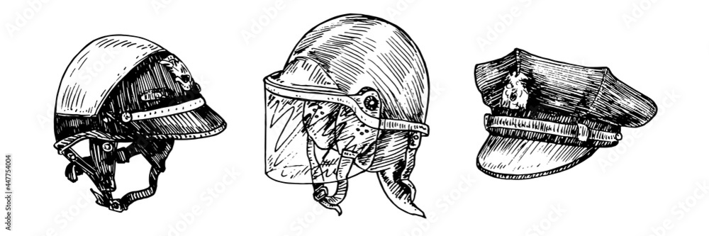 Police motorcycle helmet, tactical anti riot helmet, vintage US American police officer 8 point visor hat, gravure style ink drawing illustration isolated on white Stock Vector | Adobe Stock Police motorcycle helmet, tactical anti riot helmet, vintage US American police officer 8 point visor hat, gravure style ink drawing illustration isolated on white Stock Vector | Adobe Stock