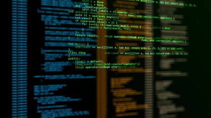 4K loop programming code abstract technology background. software developer and computer script. Software or blockchain. Running hud text. Security or hacking
