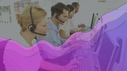 Wall Mural - Abstract purple shapes against team of customer care executives working at office