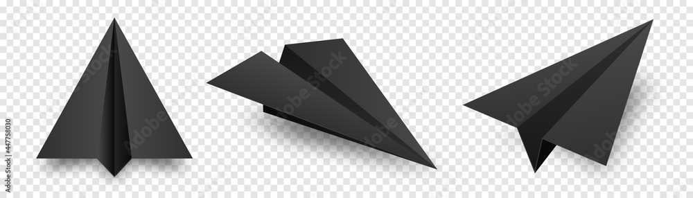 Realistic black handmade paper planes isolated on transparent background. Origami aircraft in flat style. Vector illustration. - obrazy, fototapety, plakaty 
