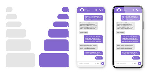 Realistic smartphone with messaging app. Blank SMS text frame. Conversation chat screen with violet message bubbles. Social media application. Vector illustration.