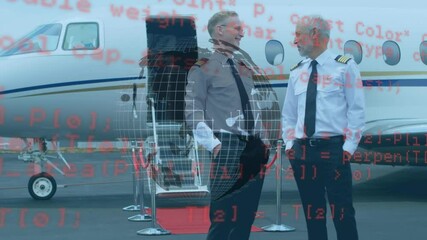 Sticker - Spinning globe and data processing over caucasian two pilots talking while walking on airport runway