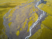 Aerial View Of Wide Riverbed Pattern In Iceland.