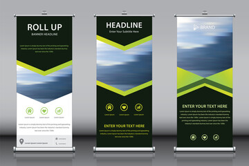 Wall Mural - Roll up vertical standee banner design template vector with image and 3 titles. Yellow green black Information advertisement branding and street business flag exhibition banner. Editable color 3 in 1