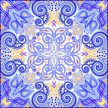 Blue Painting On Ceramic Tile. Seamless Pattern Ornament. Arabesque Pattern For Fabric, Wallpaper, Embroidery, Decoration. Geometric Arabesque With Ethnic Motifs. Drawing In Kaleidoscopic Style.