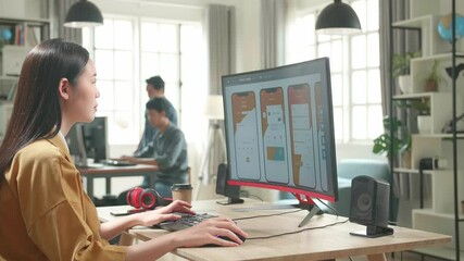 Asian Female Mobile Application Developer Works And Drinking Coffee With Graphics On Her Personal Computer In Office
