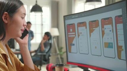 Asian Female Mobile Application Developer Works And Talking On Mobile Phone With Graphics On Her Personal Computer In Office
