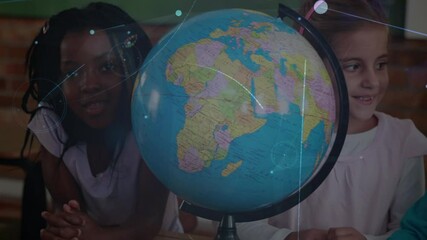 Sticker - Network of connections over diverse students learning geography using a globe at elementary school