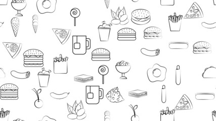 Wall Mural - Black and white endless seamless pattern of food and snack items icons set for restaurant bar cafe: burger, nuts, egg, sausage, ice cream, pizza, burrito, candy, tea. The background