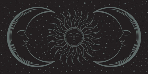 Wall Mural - Boho moon background. Vector mystical cover in ethnic style with sun and crescents with faces, surrounded stars on black. Esoteric dark retro illustration