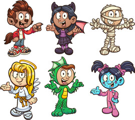 Wall Mural - Halloween kids wearing different costumes. Vector clip art illustration with simple gradients. Each on a separate layer. 
