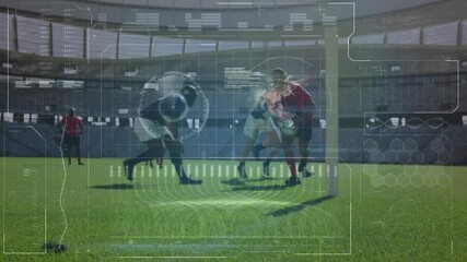 Poster - Animation of data processing and rugby players over sports stadium