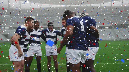 Poster - Animation of confetti over male rugby players during match at stadium