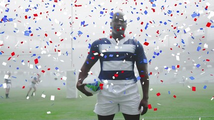 Poster - Animation of confetti over male rugby players during match at stadium