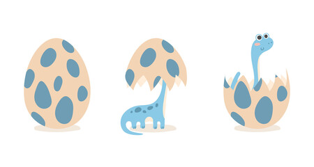 Egg blue dino, cute dinosaurus, Brachiosaurus isolated on white. Vector illustration for postcard, banner, decor, design, arts, web, calendar, advertising.