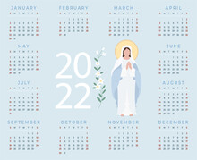2022 Religious Calendar With Most Holy Theotokos Queen Heavenly Virgin Mary With Lily On Blue Background. Vector Illustration. Horizontal A3 Template For 12 Months In English. Week Starts On Sunday