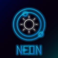 Poster - Glowing neon line Solar system icon isolated on black background. The planets revolve around the star. Colorful outline concept. Vector