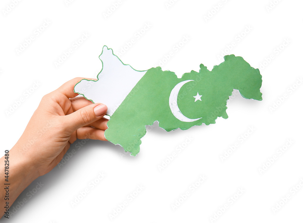 Female hand with flag map of Pakistan on white background
