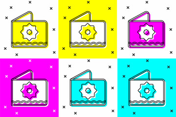 Poster - Set Islamic octagonal star ornament icon isolated on color background. Vector