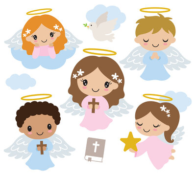 Fototapete - Cute little boy and girl baptism angels on the cloud praying and holding a cross and a star vector illustration.