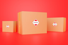 Concept Of Transportation Of Dangerous Goods And Hazardous Materials. Cardboard Boxes With A Sticker "Dangerous" On A Red Background. 3d Rendering