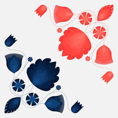 Wall Mural - Folk inspired decoration corner ornament. Floral pattern, blue and red design. Vector illustration EPS 10