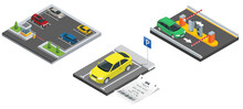 Isometric City Parking Lot With A Set Of Different Cars. Public Car-park. Car In The Parking Lot And Parking Tickets.