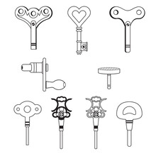 Wind Up Key Line Set Cartoon Isolated Simple Vector Flat Design Style Icon On White Background Or Old Toys Isolated On White.