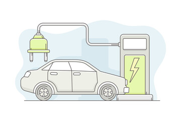 Wall Mural - Energy Source with Electric Car Charging with Plug Line Vector Illustration