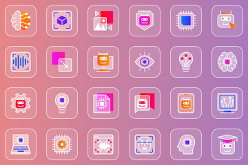 Poster - Artificial intelligence web glassmorphic icons set. Pack outline pictograms of machine learning, virtual reality, smart robots, computer circuits and microchips and other. Vector line glass symbols