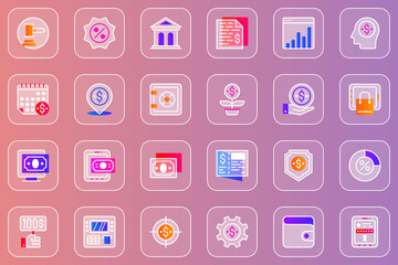 Aufkleber - Online banking web glassmorphic icons set. Pack outline pictograms of auction, financial statistics, savings protection, investment, money exchange, accounting and other. Vector line glass symbols