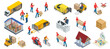 © Golden Sikorka - Isometric big set iconf of Logistics and Delivery elements. Delivery home and office. City logistics. Warehouse, truck, forklift, courier, drone and delivery man.