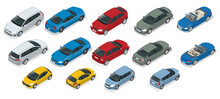Isometric High Quality City Transport Car Icon Set. Urban, City Cars And Vehicles Transport Vector Flat Icons Set.