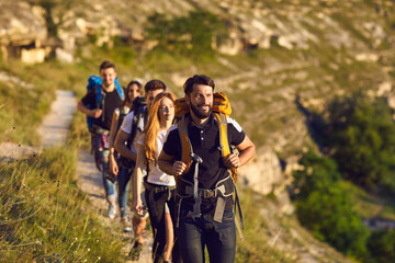 Wall Mural - group of young smiling friends hikers walking along mountain valley in row together on summer vacati