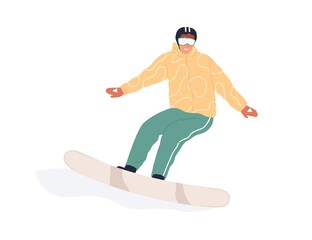 Happy snowboarder riding snowboard. Active person in winter equipment and glasses sliding on snow board. Flat vector illustration of sports activity isolated on white background