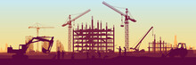 Construction Site With A Tower Crane. Construction Of Residential Buildings. Panoramic View Of The Construction Of Skyscrapers. Landscape With A Modern City. EPS 10