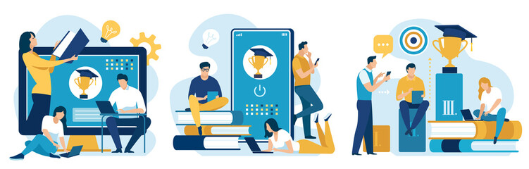 three vector illustrations on the topic: distance education, e-learning.