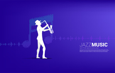 Wall Mural - Vector silhouette of saxophonist with music note icon Sound wave Equalizer background. Concept background for jazz song and concert theme.