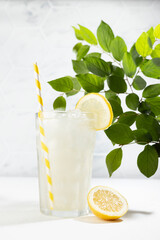 Fresh summer classic lemonade in glass with straw, ice, lemon slice  in soft light modern white kitchen interior with marble tile, green foliage in sunlight, vertical.