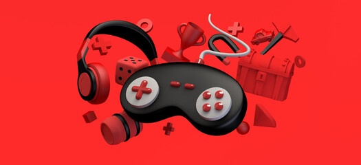 Poster - Gaming concept. Floating gamepad with helmets, chest, prize, diamond... Game elements. App. Banner. 3D illustration.