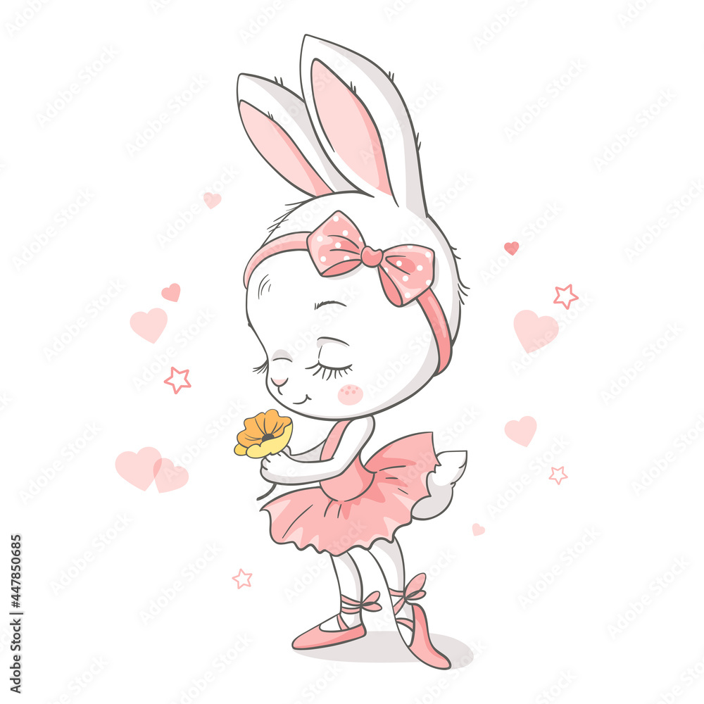Vector illustration of a cute baby bunny ballerina in a pink tutu with ...