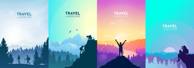 Sticker - Girl watches nature, climbing to the top, friends going hike, teamwork, support of friends. Landscapes set. Travel concept of discovering, exploring, observing nature. Hiking. Adventure tourism.