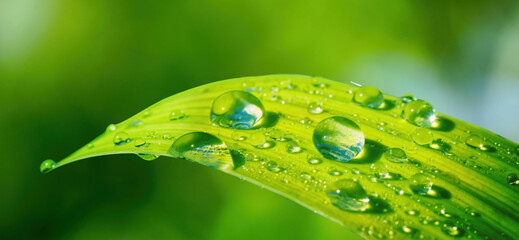 Aufkleber - Large beautiful drops of dew or rain on leaf of grass in morning sunlight in nature outdoors, close-up macro.