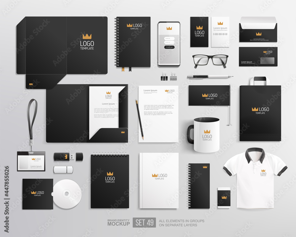 Realistic office stationary with black design Corporate identity mockup set. Black and white corporate Identity Branding Mock-up set with crown logo. Office items and objects mockups - obrazy, fototapety, plakaty 