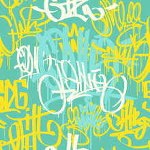 Graffiti Street Art Tags With Yellow And Green Design Hip Hop Fashion Seamless Patter. Graffiti Hand Drawing Endless Background For Print Fabric And Textile. Spray Paint Art