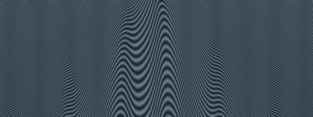 Moire vector abstract background, linear contrast virtual digital effect image, hypnotic texture, optical art trendy modern style, black and white distorted grid.