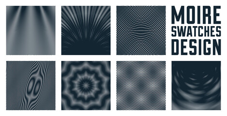 Wall Mural - Moire vector abstract backgrounds set, linear contrast virtual digital effect images, hypnotic texture, optical art trendy modern style, black and white distorted grid.