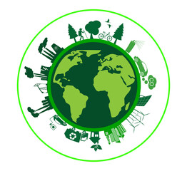 Ecology concept and icons with green city on earth, world map on globe. Green sustainable development concept in circular shape presentation