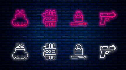 Poster - Set line Dynamite and timer clock, Lock picks for picking, Wallet and Pistol gun. Glowing neon icon on brick wall. Vector