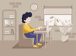 © Anastasiya - Online education concept template with a sad male student, computer, books and room on the background. Landing page template. Flat vector stock illustration.